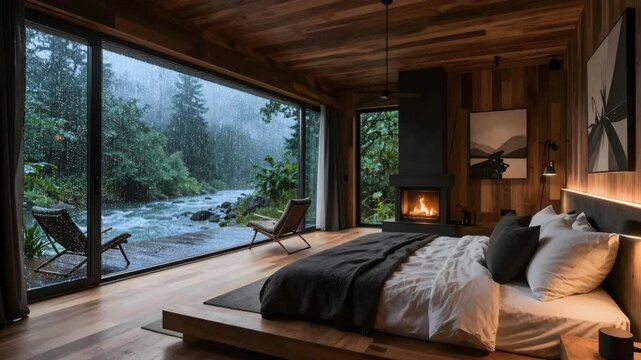 A cozy, warm-lit luxury bedroom interior with wood cladding, offering a cinematic panoramic view of heavy rain falling onto a fast-flowing river in a dense green forest, enhancing the moody zen vibes