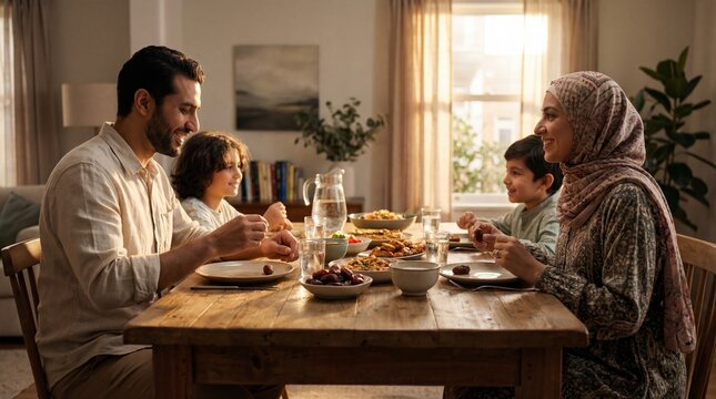 Happy Muslim Family Enjoying Iftar Dinner at Modern Home