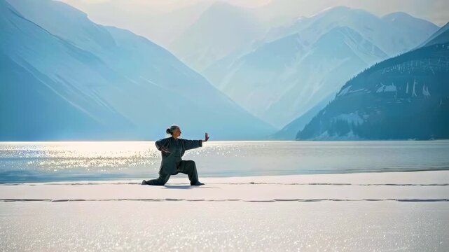 Woman practicing taichi on frozen lake, slow flowing martial arts routine along icy shore with distant blue mountains, soft sunlight reflecting on water, solitary wellness session conveying