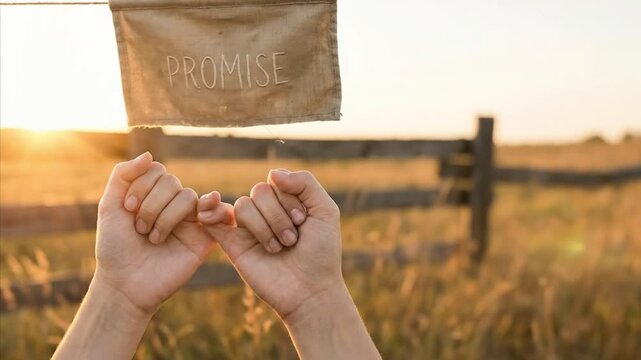 A heartwarming close-up captures two hands intertwined in a symbolic pinky promise gesture against a radiant golden hour backdrop. The soft, natural light bathes the scene, highlighting the hands and 