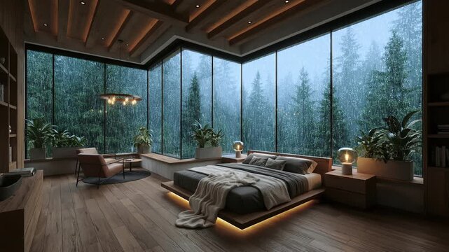 Wide view of a secluded luxury A-frame interior featuring a minimalist bed and cozy armchair set against floor-to-ceiling glass during a dramatic, ambiently lit rainstorm.