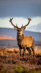 Regal stag with large antlers stands in autumn landscape