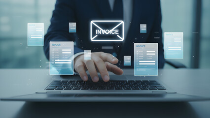 Businessman creating digital invoice on laptop in modern office