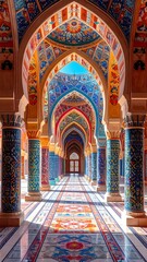 Obraz premium Interior view of an ornate, colorful building with arched doorways