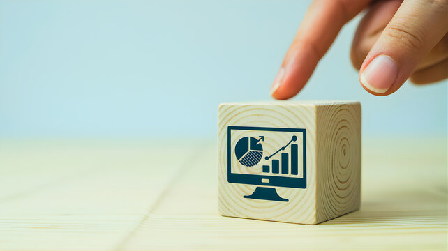 Engaging with Data Analytics Hand Interacting with a Wooden Block Symbolizing Strategic Business Intelligence and Growth for Informed Decision-Making - Powered by Adobe
