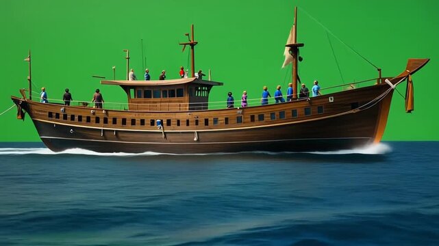 Ancient wooden sailing ship. Brown vessel with people on deck. Sailing boat on ocean waves. Green background. Vector illustration.