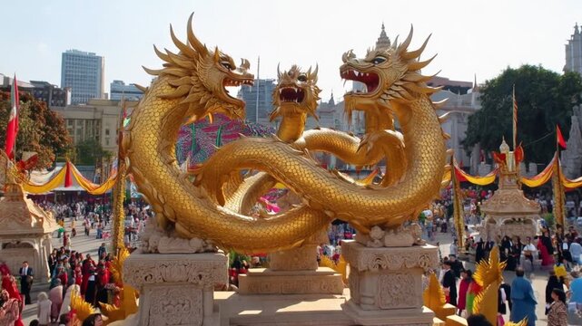 Golden dragon statues in a crowded festival setting with ornate buildings