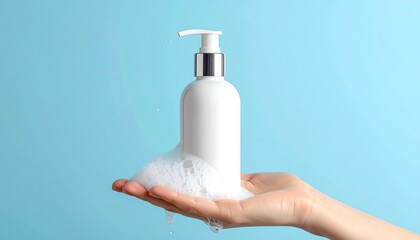 Hand holding a bottle of foam soap against a blue background.