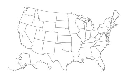 United States Map with Administrative Divisions Outline on Isolated White Background