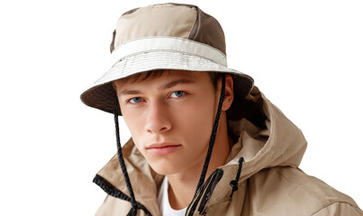 Young Man in Casual Hat: A young man exudes effortless style, sporting a modern hat against a bright backdrop, his gaze direct and filled with confidence.