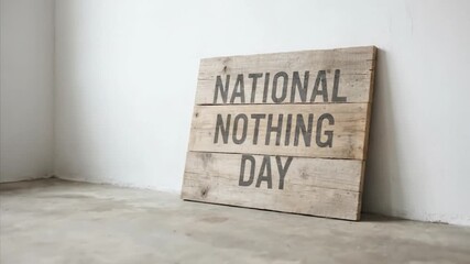 A rustic wooden sign featuring bold, minimalist text stands prominently against a clean, white wall within an empty, sunlit room. Soft natural light streams in from a nearby window, casting a serene g