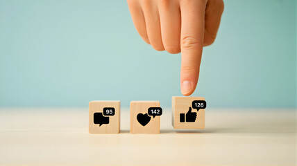 Person's hand pointing at social media reaction blocks, illustrating online interaction, digital engagement, and global communication in the modern digital age