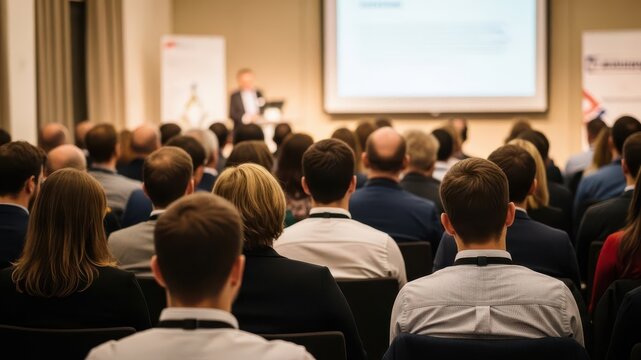 Rear view of blurred audience listens lecturer at public company workshop. Corporate professional coaching, academic convention concept