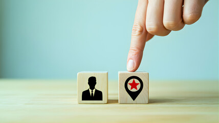 Strategically pinpointing the ideal candidate or preferred location for business growth and success, with a hand indicating a top-rated star icon among professional choices