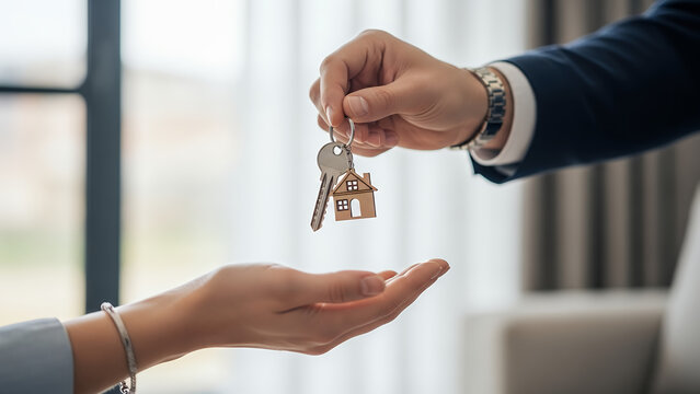Handing Over House Keys &ndash; Real Estate Deal Closing and New Home Property Ownership Concept