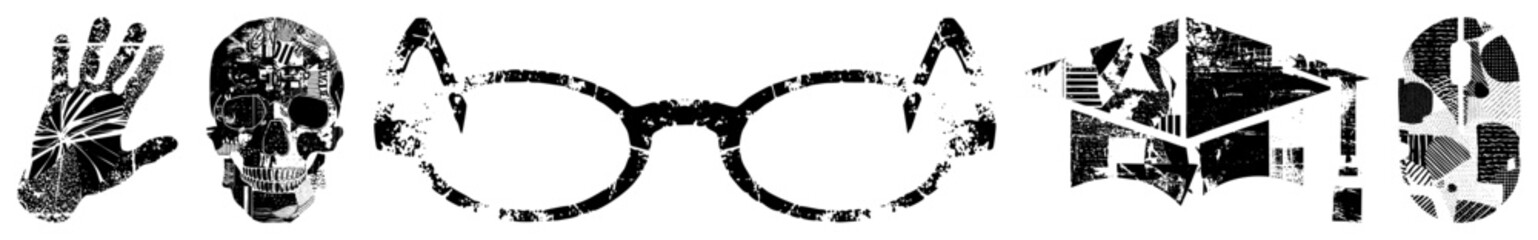 Obraz premium Abstract Geometric Hand, Skull, Glasses, Hat and Face in Halftone Vector Style