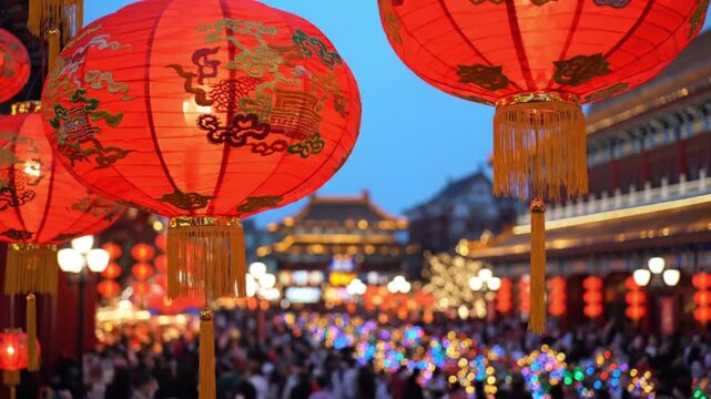 Vibrant Chinese New Year celebration with red lanterns in ancient temple, people walking in background at dusk