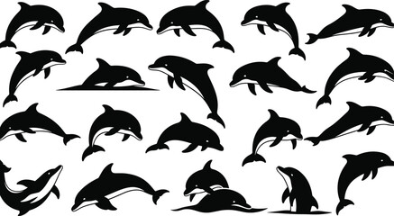 Black dolphin silhouettes collection, marine mammal jumping swimming poses, ocean wildlife vector illustration set isolated on white background, for stock  © MstShefaly
