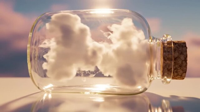 A clear glass bottle filled with fluffy white clouds is sealed with a cork stopper against a soft pink and blue sky during daylight with gentle sunlight filtering through.