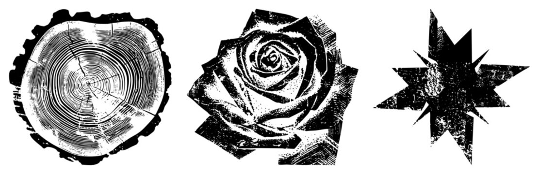 Vintage Wood Stump, Rose Bloom, and Starburst in Grunge Halftone Vector Set