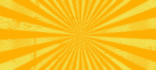 Yellow halftone pattern. Retro comic gradient background. Bright orange pixelated dotted texture overlay. Cartoon pop art faded gradient pattern. Vector backdrop for poster, banner, advertisement