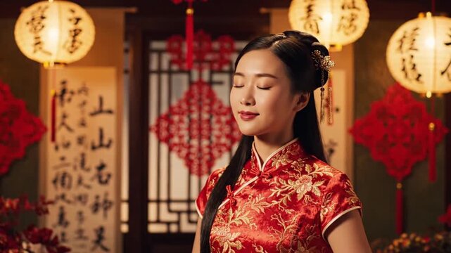 Young woman in traditional dress standing in festive Chinese interior with  lanterns