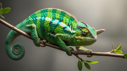 Obraz premium Vibrant green chameleon perched on branch with leaves