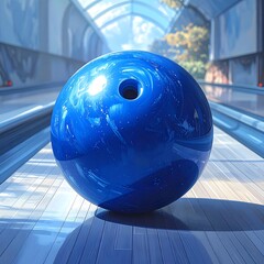 Blue swirling bowling ball on a glossy floor with blurred hallway background, light and modern