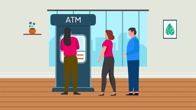 Animated video of queuing using a bank ATM. Banking activity concept. Full length animation illustration. High quality&nbsp;4k&nbsp;footage