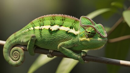 Fototapeta premium Vibrant green chameleon perched on branch in natural habitat
