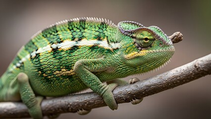 Obraz premium Vibrant green chameleon perched on tree branch in natural habitat