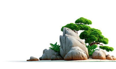 Tranquil Rock Garden: A serene landscape featuring a gracefully sculpted tree perched atop an array of weathered rocks. evoking a sense of calm and the beauty of nature.