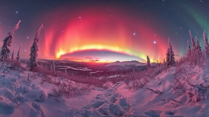 Majestic Aurora Borealis Radiates Above Snowy Winter Landscape at Twilight