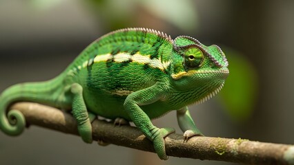 Obraz premium Vibrant green chameleon perched on branch with blurred background