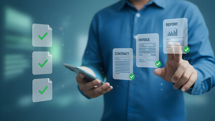 Businessman interacting with digital documents on smartphone