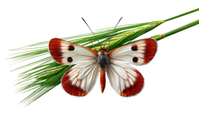 Butterfly on Green Sprig: A vibrant butterfly, its wings displaying a striking pattern, delicately rests upon a sprig of fresh green plant, showcasing the beauty of nature