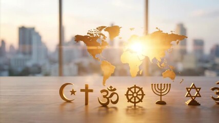 A visually rich depiction of interconnectedness and faith, featuring an array of golden religious symbols thoughtfully arranged on a polished wooden surface. Behind them, a shimmering golden world map