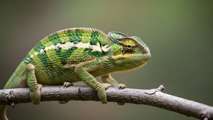Obraz premium Vibrant green chameleon perched on tree branch in natural setting