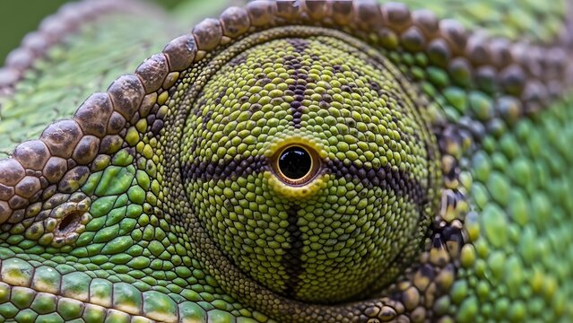 Close-up of a chameleon's eye with vibrant green and brown scales - Powered by Adobe