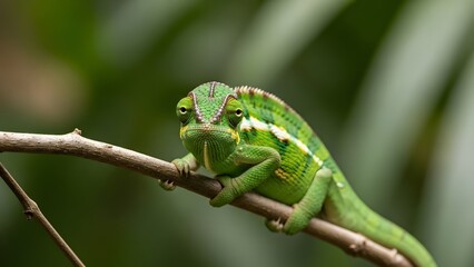 Fototapeta premium Vibrant green chameleon perched on branch in natural habitat