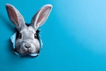 Obraz premium Rabbit emerges from a torn piece of blue paper, creating a playful scene with bright colors