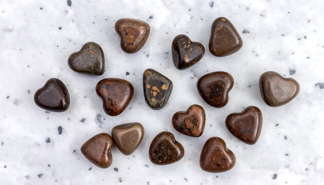 Collection of Heart-Shaped Bronzite Stones on Textured Surface.