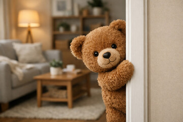 A brown teddy bear peeked out from the doorway in the living room.