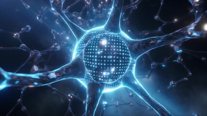 Close-up of a glowing blue neural network with interconnected nodes and pathways against a dark background with a futuristic and technological mood. - Powered by Adobe