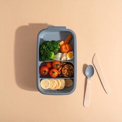 Blue bento box filled with crackers, tomatoes, veggies, protein, and cutlery on a beige surface from above