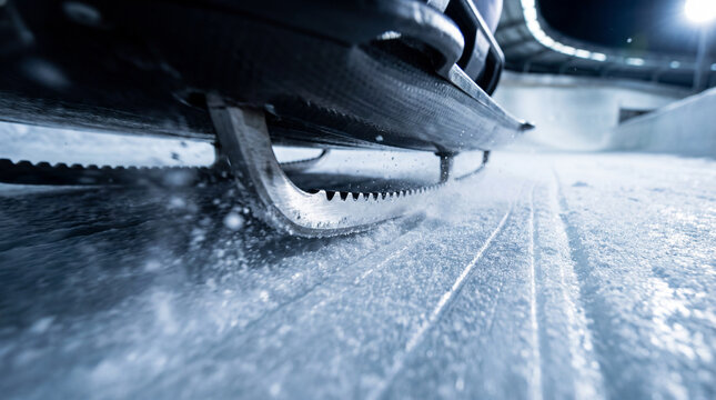 Bobsled blades in close-up on an ice track at night, highlighting motion blur and speed. The dynamic image captures the intensity and precision of winter sports. Image made using Generative AI.