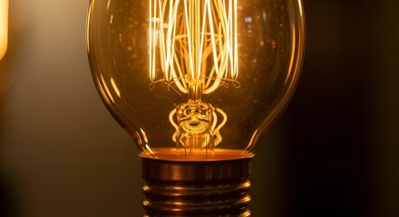 Glowing light bulb with visible filament on dark background