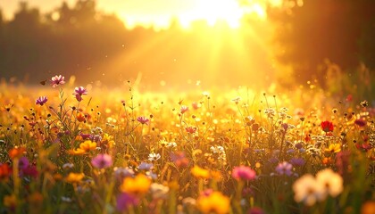A sunlit meadow bathed in warm light. Wildflowers in vibrant colors sway gently in the breeze. Dust motes dance in the rays