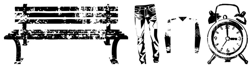 Vintage Style Bench, Graphic Pants, Shirt, and Alarm Clock Vector