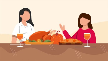 Animated video of friends giving meal together between female friends. Friends giving concept. Full length animation illustration. High quality 4k footage
